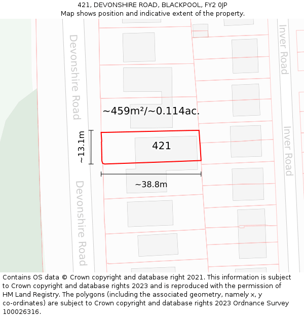 421, DEVONSHIRE ROAD, BLACKPOOL, FY2 0JP: Plot and title map