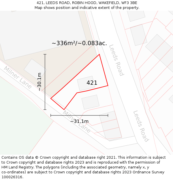 421, LEEDS ROAD, ROBIN HOOD, WAKEFIELD, WF3 3BE: Plot and title map