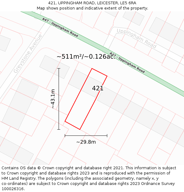 421, UPPINGHAM ROAD, LEICESTER, LE5 6RA: Plot and title map