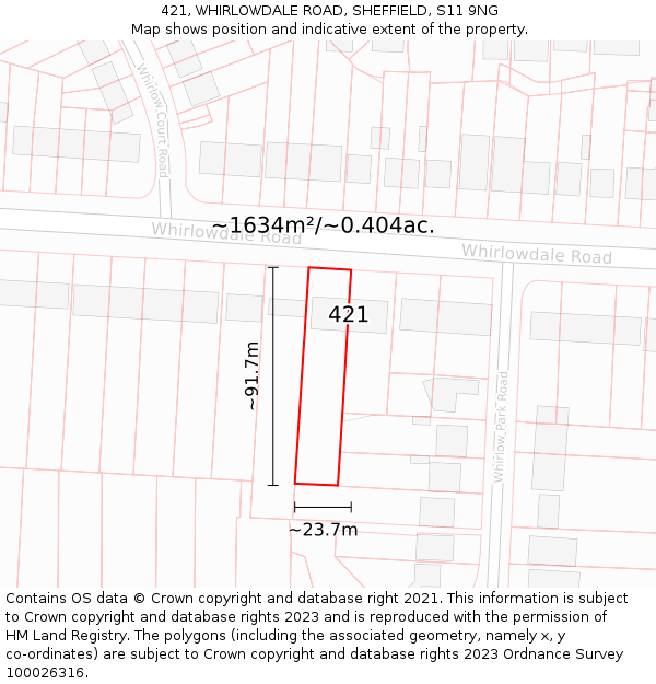 421, WHIRLOWDALE ROAD, SHEFFIELD, S11 9NG: Plot and title map