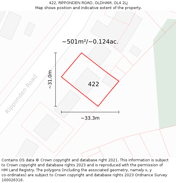 422, RIPPONDEN ROAD, OLDHAM, OL4 2LJ: Plot and title map