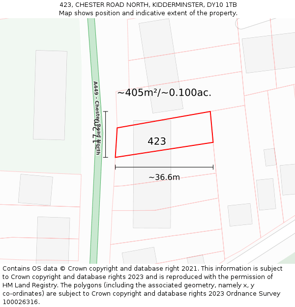 423, CHESTER ROAD NORTH, KIDDERMINSTER, DY10 1TB: Plot and title map