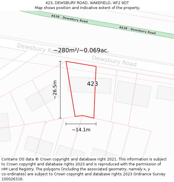 423, DEWSBURY ROAD, WAKEFIELD, WF2 9DT: Plot and title map