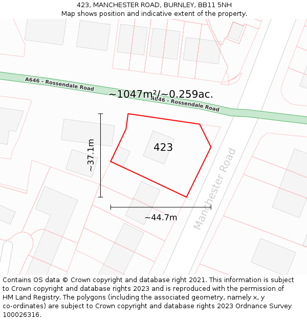 423, MANCHESTER ROAD, BURNLEY, BB11 5NH: Plot and title map