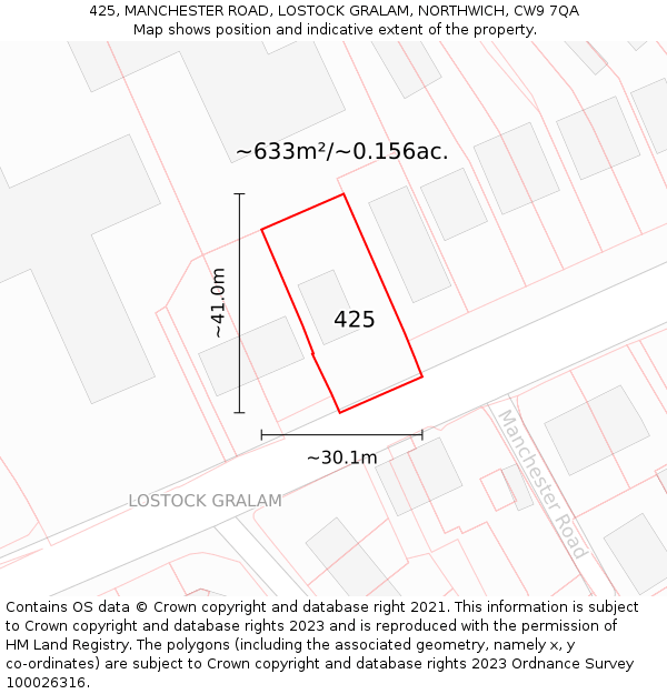 425, MANCHESTER ROAD, LOSTOCK GRALAM, NORTHWICH, CW9 7QA: Plot and title map