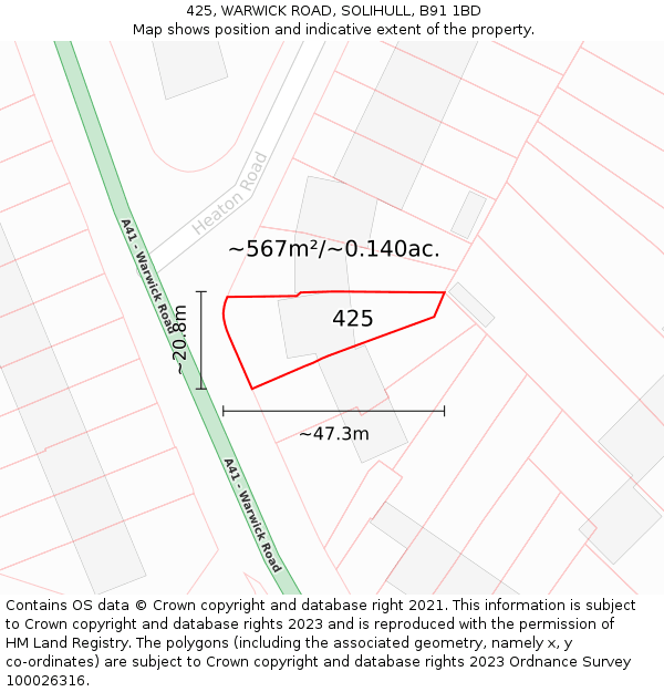 425, WARWICK ROAD, SOLIHULL, B91 1BD: Plot and title map