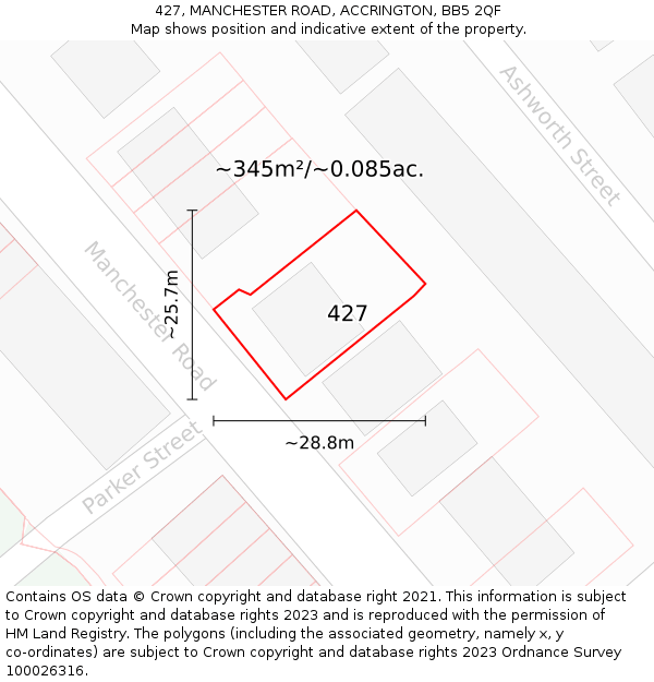 427, MANCHESTER ROAD, ACCRINGTON, BB5 2QF: Plot and title map