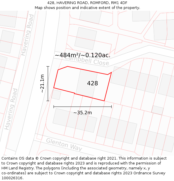 428, HAVERING ROAD, ROMFORD, RM1 4DF: Plot and title map