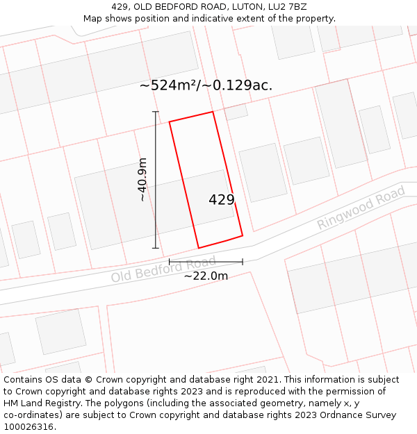 429, OLD BEDFORD ROAD, LUTON, LU2 7BZ: Plot and title map