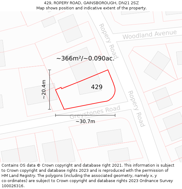 429, ROPERY ROAD, GAINSBOROUGH, DN21 2SZ: Plot and title map