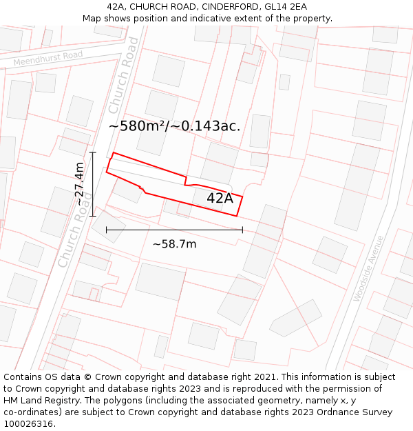 42A, CHURCH ROAD, CINDERFORD, GL14 2EA: Plot and title map