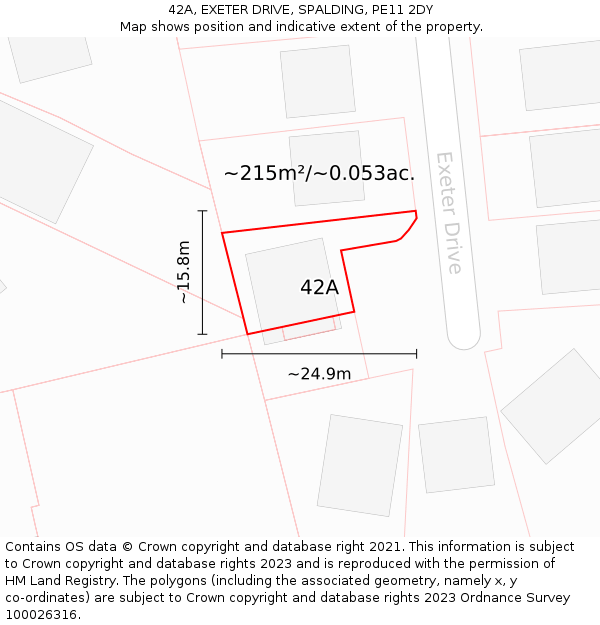 42A, EXETER DRIVE, SPALDING, PE11 2DY: Plot and title map