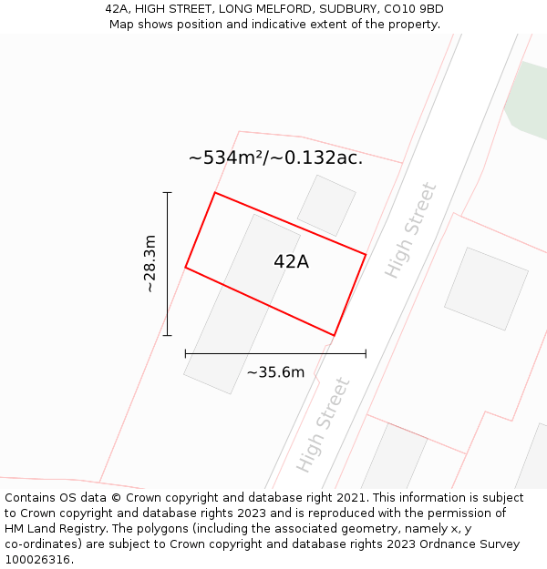 42A, HIGH STREET, LONG MELFORD, SUDBURY, CO10 9BD: Plot and title map