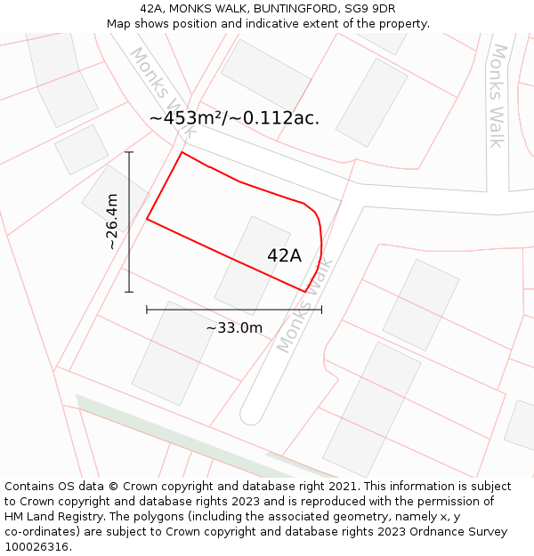 42A, MONKS WALK, BUNTINGFORD, SG9 9DR: Plot and title map