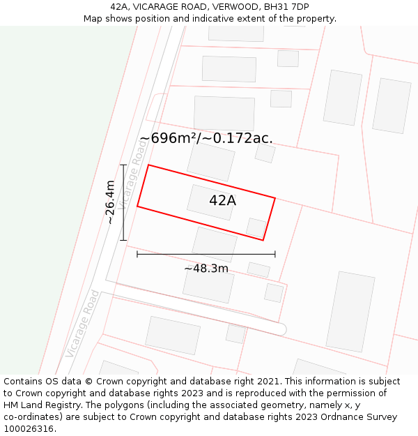 42A, VICARAGE ROAD, VERWOOD, BH31 7DP: Plot and title map