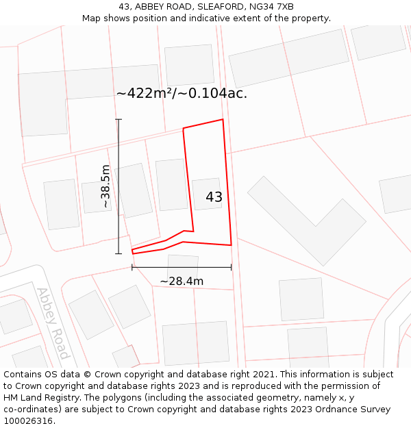 43, ABBEY ROAD, SLEAFORD, NG34 7XB: Plot and title map