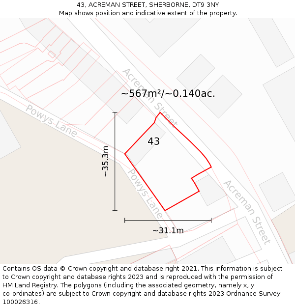 43, ACREMAN STREET, SHERBORNE, DT9 3NY: Plot and title map