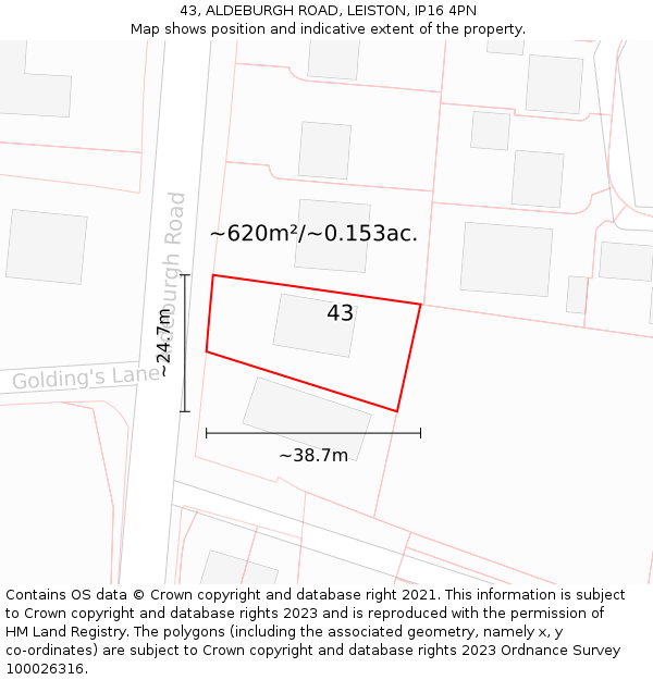 43, ALDEBURGH ROAD, LEISTON, IP16 4PN: Plot and title map