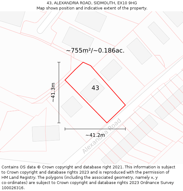43, ALEXANDRIA ROAD, SIDMOUTH, EX10 9HG: Plot and title map
