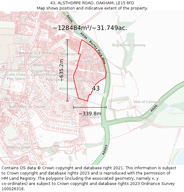 43, ALSTHORPE ROAD, OAKHAM, LE15 6FD: Plot and title map