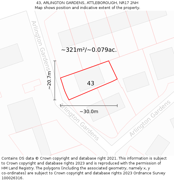 43, ARLINGTON GARDENS, ATTLEBOROUGH, NR17 2NH: Plot and title map