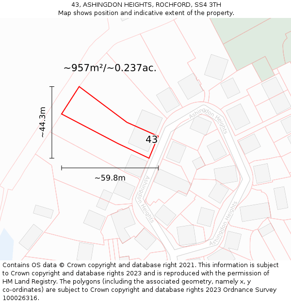 43, ASHINGDON HEIGHTS, ROCHFORD, SS4 3TH: Plot and title map