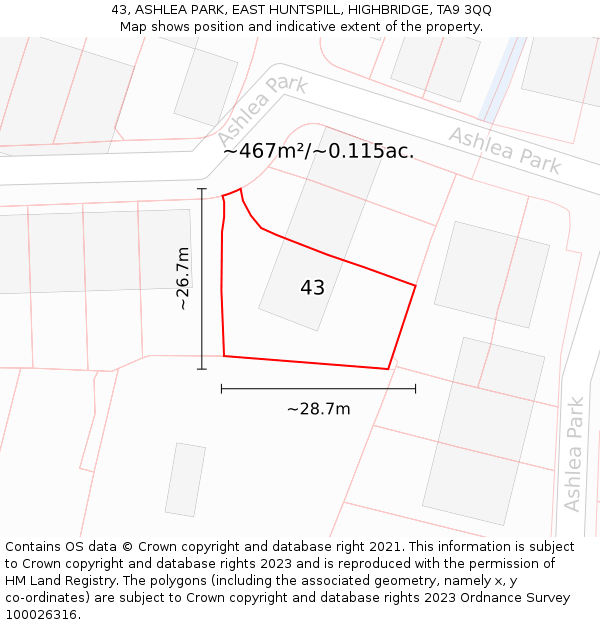 43, ASHLEA PARK, EAST HUNTSPILL, HIGHBRIDGE, TA9 3QQ: Plot and title map