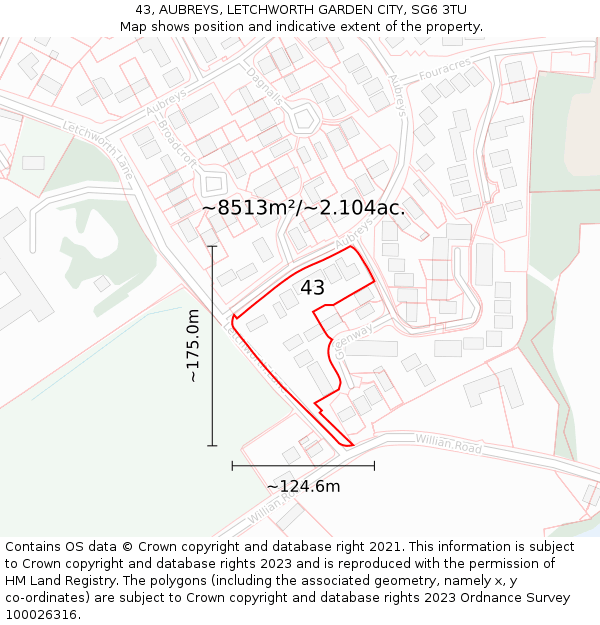 43, AUBREYS, LETCHWORTH GARDEN CITY, SG6 3TU: Plot and title map