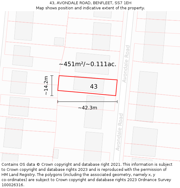 43, AVONDALE ROAD, BENFLEET, SS7 1EH: Plot and title map