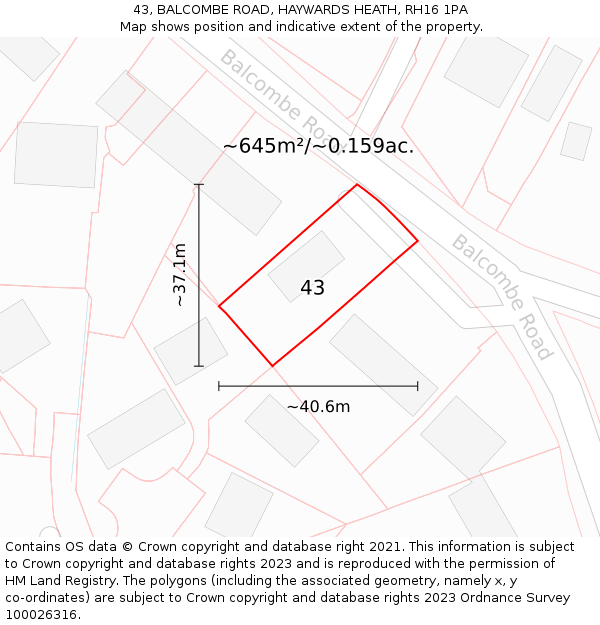 43, BALCOMBE ROAD, HAYWARDS HEATH, RH16 1PA: Plot and title map