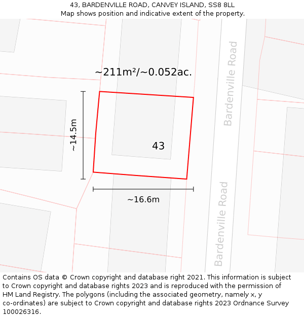 43, BARDENVILLE ROAD, CANVEY ISLAND, SS8 8LL: Plot and title map