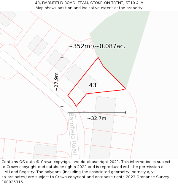 43, BARNFIELD ROAD, TEAN, STOKE-ON-TRENT, ST10 4LA: Plot and title map