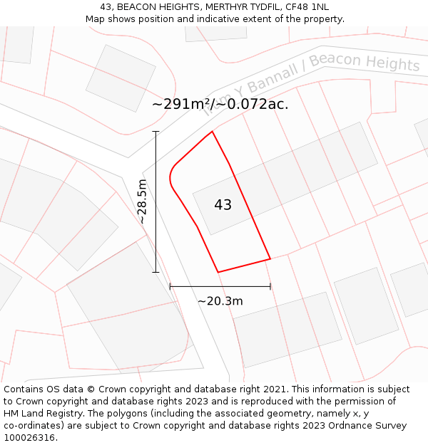 43, BEACON HEIGHTS, MERTHYR TYDFIL, CF48 1NL: Plot and title map