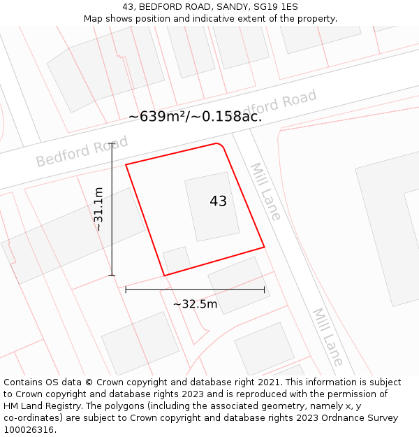 43, BEDFORD ROAD, SANDY, SG19 1ES: Plot and title map