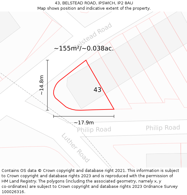 43, BELSTEAD ROAD, IPSWICH, IP2 8AU: Plot and title map
