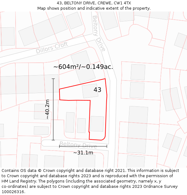 43, BELTONY DRIVE, CREWE, CW1 4TX: Plot and title map