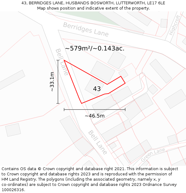 43, BERRIDGES LANE, HUSBANDS BOSWORTH, LUTTERWORTH, LE17 6LE: Plot and title map