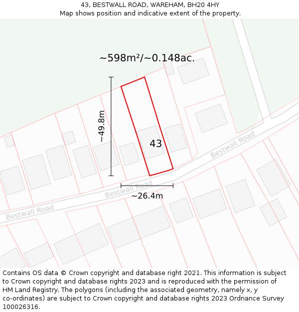 43, BESTWALL ROAD, WAREHAM, BH20 4HY: Plot and title map