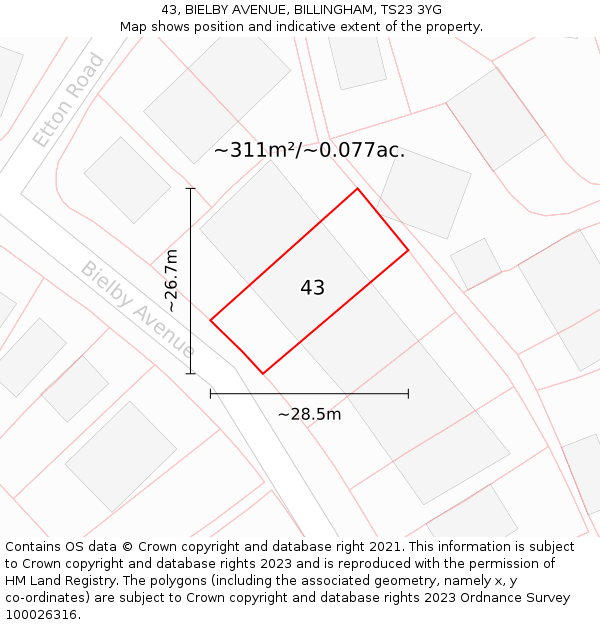 43, BIELBY AVENUE, BILLINGHAM, TS23 3YG: Plot and title map