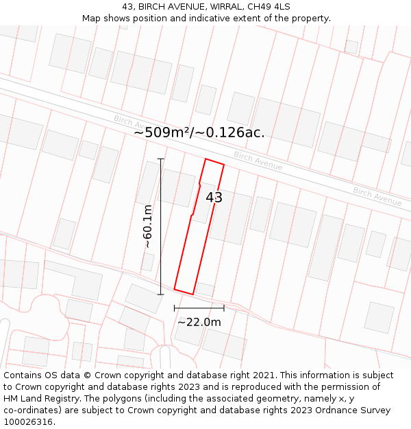 43, BIRCH AVENUE, WIRRAL, CH49 4LS: Plot and title map