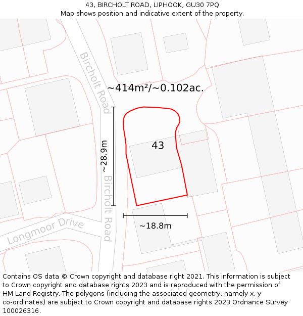 43, BIRCHOLT ROAD, LIPHOOK, GU30 7PQ: Plot and title map