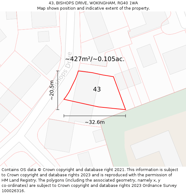 43, BISHOPS DRIVE, WOKINGHAM, RG40 1WA: Plot and title map