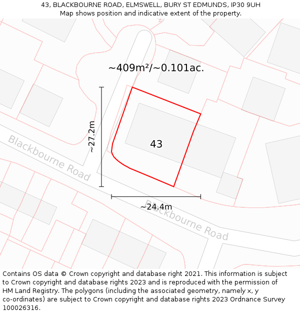 43, BLACKBOURNE ROAD, ELMSWELL, BURY ST EDMUNDS, IP30 9UH: Plot and title map