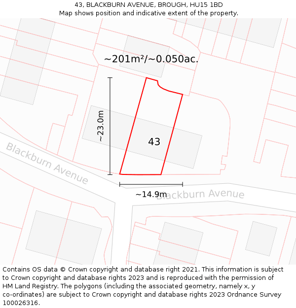 43, BLACKBURN AVENUE, BROUGH, HU15 1BD: Plot and title map