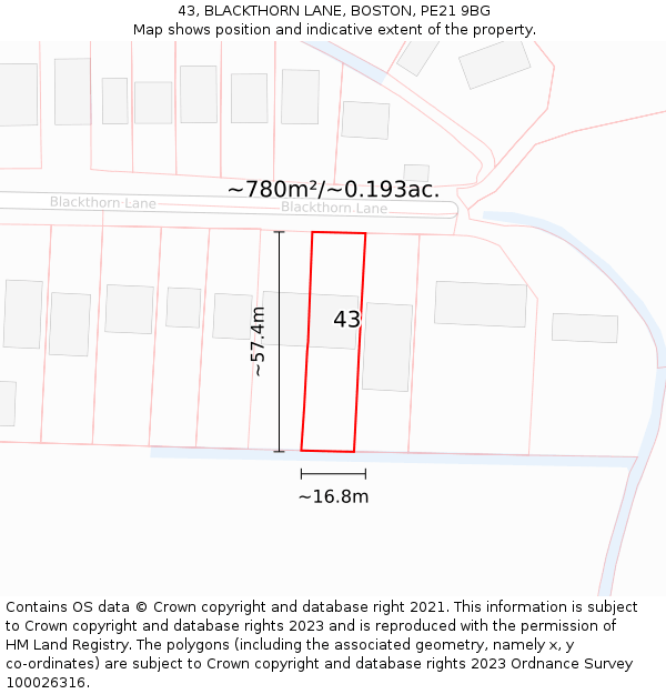 43, BLACKTHORN LANE, BOSTON, PE21 9BG: Plot and title map