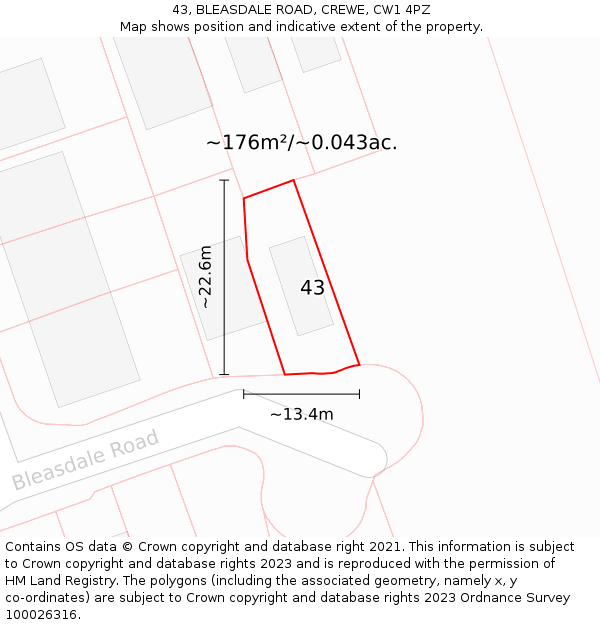 43, BLEASDALE ROAD, CREWE, CW1 4PZ: Plot and title map