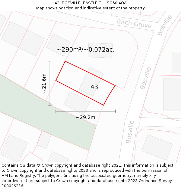 43, BOSVILLE, EASTLEIGH, SO50 4QA: Plot and title map