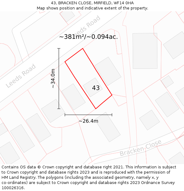 43, BRACKEN CLOSE, MIRFIELD, WF14 0HA: Plot and title map