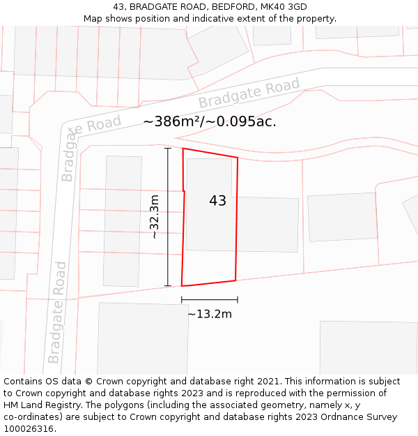 43, BRADGATE ROAD, BEDFORD, MK40 3GD: Plot and title map