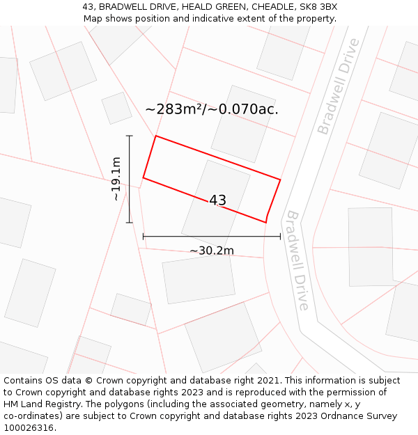 43, BRADWELL DRIVE, HEALD GREEN, CHEADLE, SK8 3BX: Plot and title map